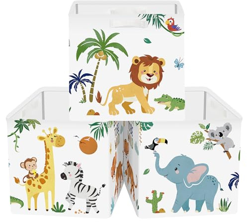Clastyle 3 Set Animali Kallax Scatola Portaoggetti Bambini Contenitori | Cesto Portaoggetti Ripiegabili per Scaffale, Scatole Stoccaggio Bambini con Manici, 30x30x30 cm