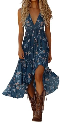 Abito Casual Estivo con Stampa Floreale retrò Western e Orlo Asimmetrico per Lo Stile Boho