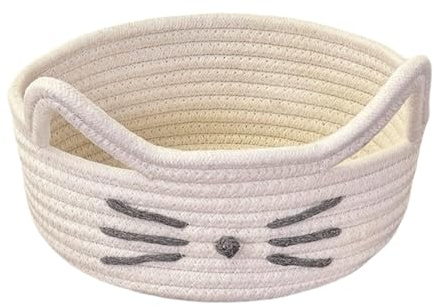 Fxzqgnh Cesta de Almacenamiento de Cuerda de Algodón Organizador Multipropósito Canasta Gato Dibujo Portátil Contenedor Cosméticos Adecuada para, lechoso