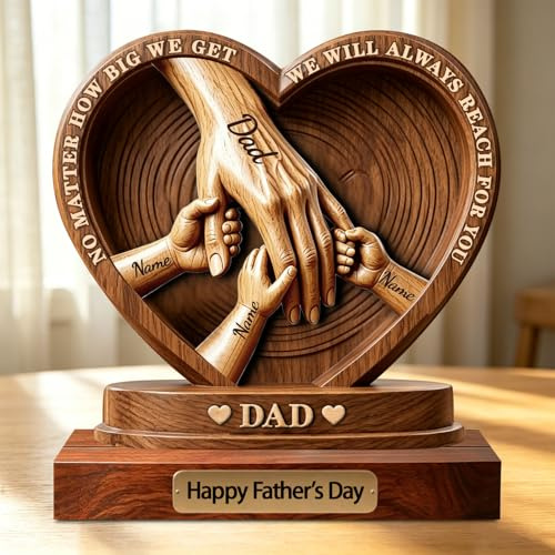 Personalized Heart Infinity Wood Dad Holds Kids' Hands Sign Plaque Gift, Custom 2D Print Father's Day Dad and Kids Holding Hands Family Wooden Plaque Desk Figures Statue Gift for Daddy Papa
