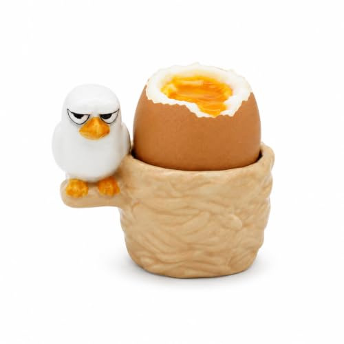 Winkee Huevera de cerámica Grumpy Bird Egon, diseño de animales divertidos para desayuno y brunch, regalo para amigos y niños, pintado a mano
