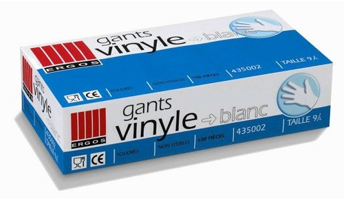 Ergos - Caja de guantes de vinilo blanco con polvo, 100 unidades