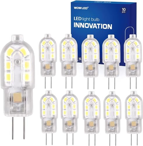 WOWLED 10 lampadine LED G4, 2 W (equivalente a 20 W), non dimmerabili, bianco freddo, DC/AC 12 V, 360 gradi, ideali come lampadine per lampadari – La confezione può variare