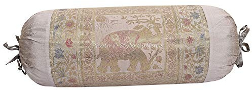 Stylo Culture Indian Polydupion Cylindrical Yoga Bolster Pillow Cover Grey Jacquard Brocade Border Elephant Large Sofa Round Cylinder Cushion Cover (1 Pc) | 30x15 Inches (76x38 cm)