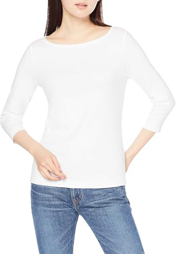 Amazon Essentials Women's Slim-Fit 3/4 Sleeve Solid Boat Neck T-Shirt, White, S