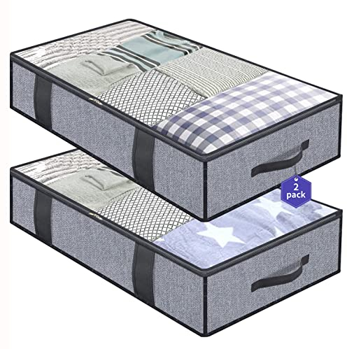 homyfort 2 Stück Premium Unterbettkommode mit Sichtfenster, Unterbett-Aufbewahrungstasche Kleideraufbewahrung, Decken Organisator Lagerbehälter, 4 Haltegriffen, 100x 50x 15 cm, Grau Leinen,