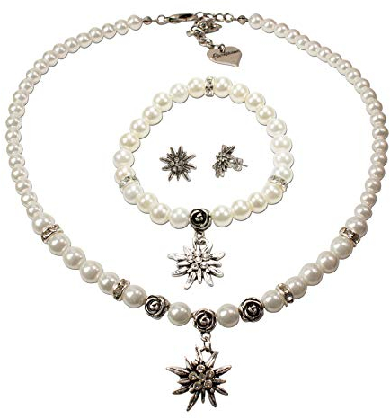 Alpenflüstern Trachtenschmuck-Set Perlen-Trachtenkette, Armband und Ohrstecker Strass-Edelweiß - Damen-Trachten-Schmuck, Trachtenset Dirndl-Kette, Armkette, Ohrringe Creme-weiß SET045