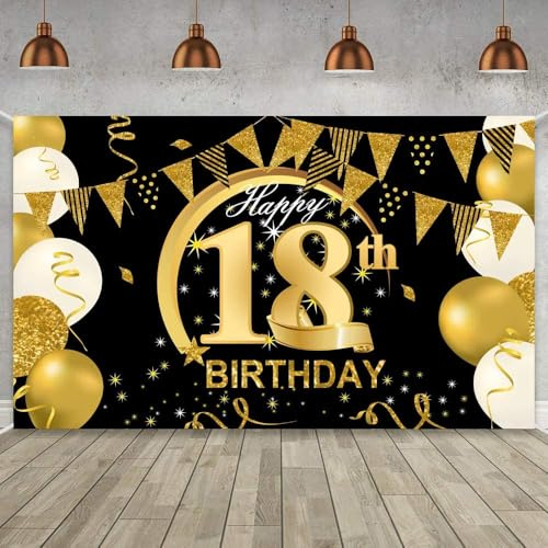 18 Geburtstag Party Dekoration - Geburtstag Hintergrund Banner Extra Große Schwarz Gold Dekoration für Männer Mädchen Geburtstag Sfeier Liefert Foto Prop Kuchen Tisch Banner (A 185x110)