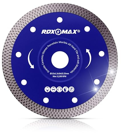 RDXMAX ® 115mm Diamond Cutting Discs for Angle Grinder - Super Thin Fast, Clean Cut on Porcelain, Granite, Marble, Concrete, Tiles, Stones, Bricks & Ceramics- 4.5 Wheel - Size 115 x 1.2 x 22.23mm