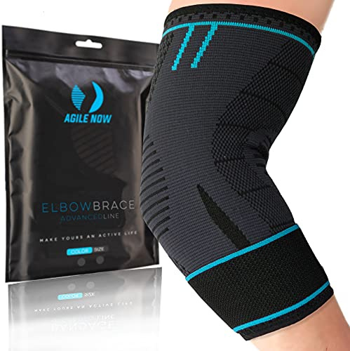 AGILE NOW® Ellenbogenbandage Advanced stabilisiert & schützt die Gelenke – rutschfeste Tennisarm Bandage mit Klettverschluss für flexible Kompression am Ellenbogen (XL | Blau)