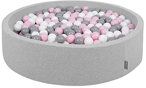 KiddyMoon Bällebad 120X30cm/300 Bälle Rund Groß Bällepool Mit Bunten Bällen Für Babys Kinder, Hellgrau:Weiß-Grau-Puderrosa