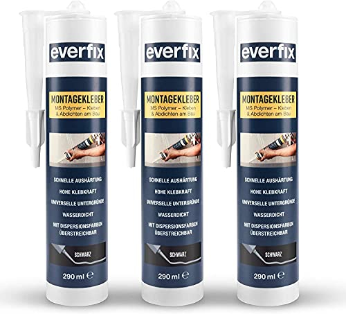 EVERFIX Montagekleber schwarz (3 Stück) für innen und außen, extra starker Kraftkleber für Metall, Holz, Fliesen, etc, Baukleber zum Kleben und Abdichten, 325 g / 290 ml