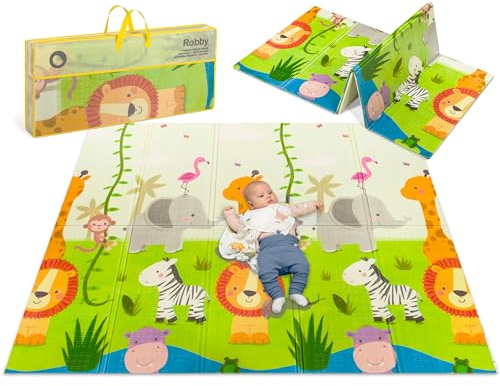 Lionelo Robby grand tapis éducatif à jouer pour les enfants, 200x180 cm pliable, double face, léger et imperméable, matériau XPE sûr et durable, sac inclus