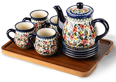 ONECCI polish pottery style porcelain ceramic 10 piece Tea set,7.2oz tea cup and sauce set of 4,28.2oz teapot and wooden serving tray.（ Exotic Daisy）