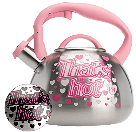 Paris Hilton Whistling Stovetop Tea Kettle, Stainless Steel with Color Changing That's Hot Heat Indicator Design, Soft Touch Handle, 2.5-Quart, Pink