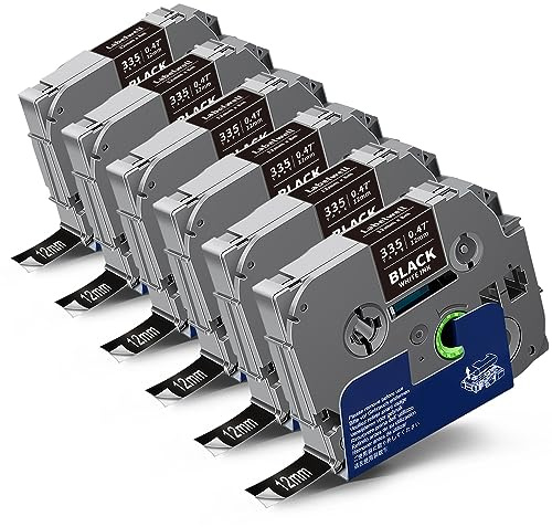 Labelwell kompatibel TZe-335 12mm 0.47 Weiß auf Schwarz Schriftband für Brother TZe335 TZ-335 TZ Tape für Brother P-touch PT-H100LB PTH107B PTH105 PTH110 E100 PT-D210 PT-D600 PTD400 H107B P700, 6-Pack