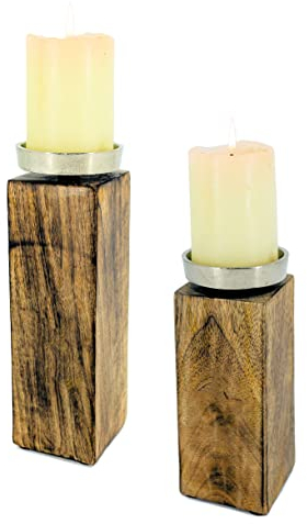Spetebo Mango Kerzenständer mit Alu Halter - 2er Set - Holz Kerzenhalter für Stumpen- und Kugel-Kerzen - Deko Kerzenleuchter mit Metall Kerzenteller Landhaus Tischdeko Holzdeko rustikal