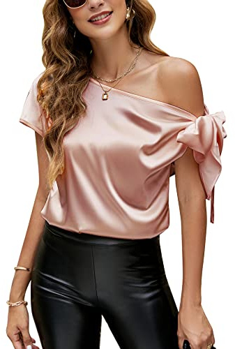 VIDUSSA Blusa de seda con hombros descubiertos para mujer, informal, manga corta, cuello asimétrico, blusa de satén