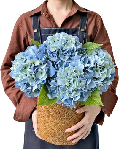 JINWOE Artificial Hydrangea Artificial Flowers 21 Inch Vintage Lifelike Real Touch Latex Silk Artificial Hydrangea Bouquet for Wedding Centerpieces Table Party Outdoor