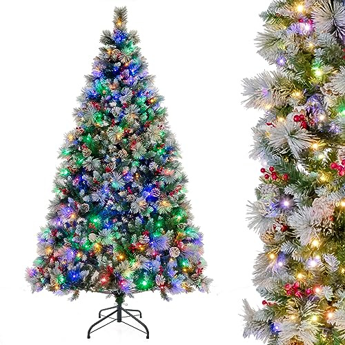 RELAX4LIFE Albero di Natale 180/210CM, Albero di Natale con Luci Incorporate, Pigne e Bacche Rosse e Supporto in Metallo, Ideale per Casa e Negozio (180CM)