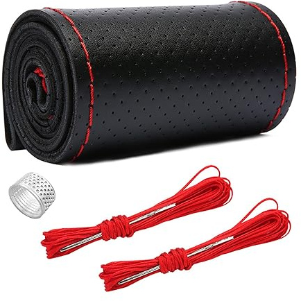 Ziciner Genuine Leather Steering Wheel Cover, Stitch on Wrap, Breathable Anti-Slip Car Steering Wheel Protector for Max Diameter 15 Inch, DIY Sewing with Needles Thread (Black/Red Line, Hole)