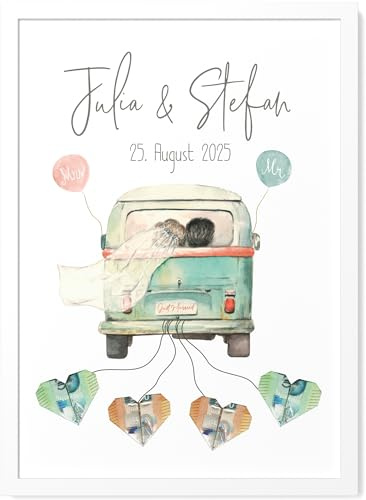 Papierschmiede® Personalisiertes Geldgeschenk Hochzeit mit Namen, Hochzeitsgeschenke für Brautpaar | A4 (21x30 cm) Poster mit Rahmen | Verpackung Geldgeschenke Geschenk Bild „Wedding Bully“