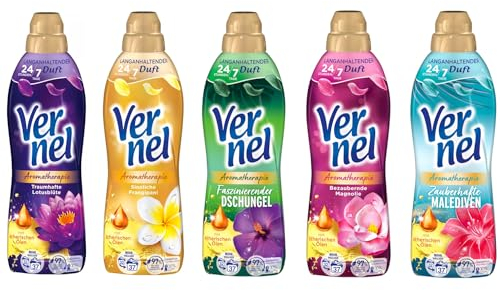 VERNEL Weichspüler Aromatherapie-Set 5x 37 Waschladungen (185WL) 1x Sinnliche Frangipani, 1x Zauberhafte Malediven, 1x Faszinierender Dschungel, 1x Traumhafte Lotusblüte, 1x Bezaubernde Magnolie