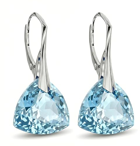 Ohrringe Silber 925 Hängend für Damen Ohrhänger Hängeohrringe mit Triangel Kristallen Dreieck Stein 12 Geburtsstein Schmuck für Sie Ohrringe Mädchen Geschenk Muttertag (02-Februar - Aquamarine)