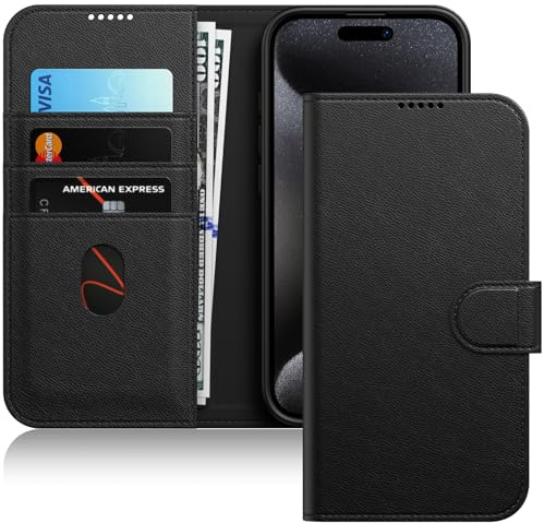 JETech Wallet Case for iPhone 15 Pro Max, Black Titanium | Shockproof PU Leather, Card Holder, Magnetic Flip Cover, Stand Feature, Full Camera Protection