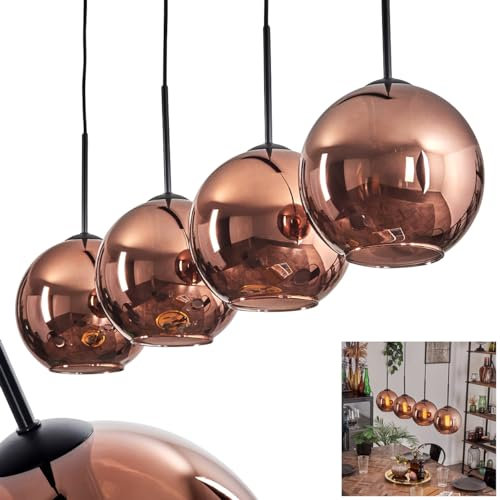 Pendelleuchte Koyoto, Pendellampe aus Metall/Glas in Schwarz/Kupferfarben, Leuchte im modernen Retro/Vintage-Design mit Schirmen aus Glas (Ø 20 cm), Höhe max. 153,5 cm, 4 x E27, ohne Leuchtmittel