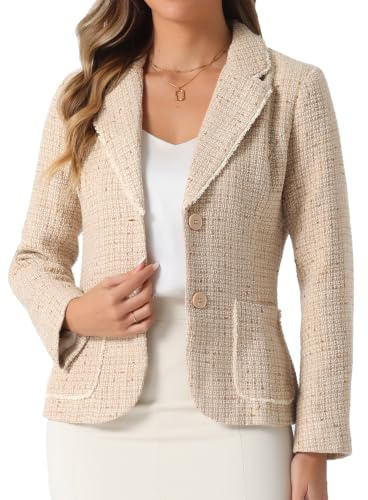Allegra K Mujer Chaqueta de Tweed a Cuadros con Solapa de Muesca Elegante | Blazer de Manga Larga