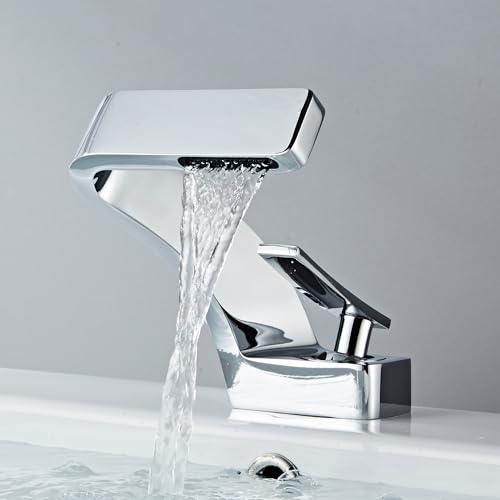 MocArt 2239 Wasserfall Wasserhahn, Badezimmer-Mischhähne, Hotelbecken-Kupferhahn, Keramikventilkern, Einlochmontage, Wassersparendes Design (Chrom-Silber)