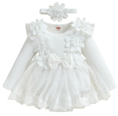 Carolilly Vêtement Nouveau-Né Bébé Fille de 2 Pièces, Barboteuse à Manches Longues avec Jupette en Dentelle Florale + Bandeau Assorti (1-18 mois) (Blanc, 0-3 mois)