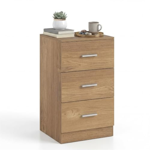 KOMFOTTEU Mesita de Noche con 3 Cajones, Mesilla Auxiliar de Madera, Mesa Moderna de Dormitorio, Mueble de Almacenamiento, Cómoda para Salón Oficina, 38 x 35 x 66 cm (Natural X 1)
