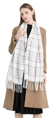 Damen Karierter Pashmina Schal – Weicher, Warmer Winterschal mit Quasten Oversize Plaid Stola & Kuscheliger Wrap für Herbst & Winter, Elegantes Geschenk für Frauen (Weiß)