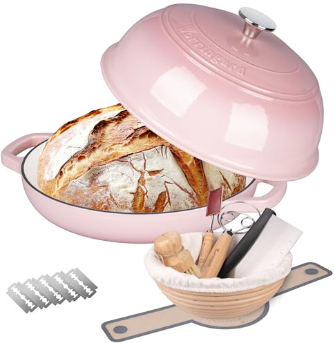 VORRINGARD Enameled Cast Iron Dutch Oven Pot with Lid, Bread Oven for Sourdough Bread Baking, Dutch Ovens with Bread Proofing Basket& Baking Supplies Set, 6 Quart, Pink