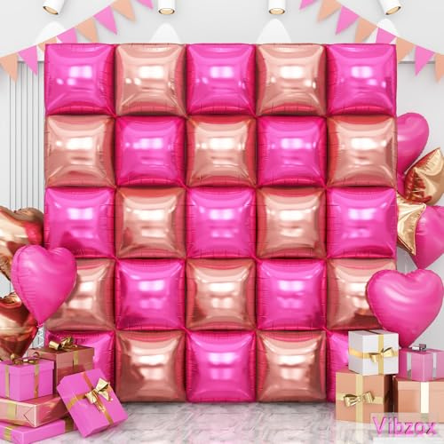 Hot Pink Rose Gold Square Foil Balloons Wall, 25PCS Double Sided Chrome Deep Pink Rose Balloons Tunnel Arch Kit Backdrop for Girls Birthday Party Bridal Shower Wedding Engagements Decorations