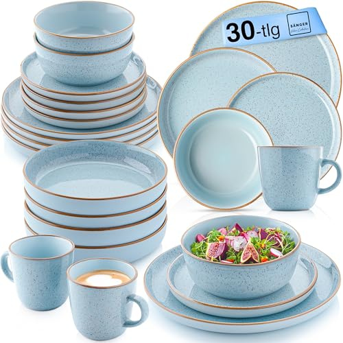 SÄNGER Rio Lagune Geschirrset 6 Personen, 30-tlg. Steingut Teller Set Blau | Kombiservice mit Pastateller, Frühstücksteller, Speiseteller & Kaffeebecher, spülmaschinen- & mikrowellengeeignet, kratzfest