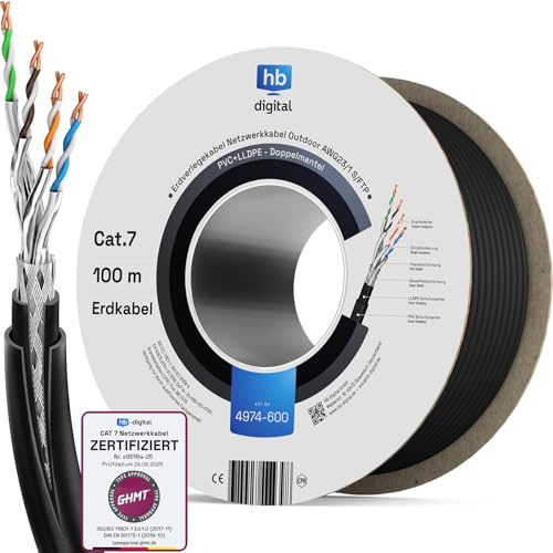 HB-DIGITAL 100m CAT 7 Outdoor Doppelmantel Netzwerkkabel - Schwarz | Für direkte Erdverlegung, GHMT Zertifiziert, S/FTP AWG23 reines Kupfer, PVC + LLDPE