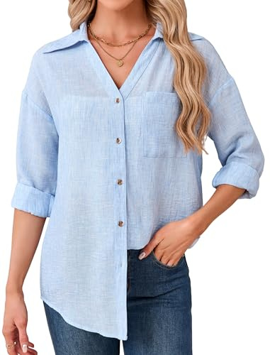 Enmain Camisas Azul Claro Mujer Manga Larga Verano Blusa de Lino y Algodón Femenina Cuello en V Camisa Casual Elegante Ligero Transpirable Tallas Grandes XXL Ideal para Tiempo Libre