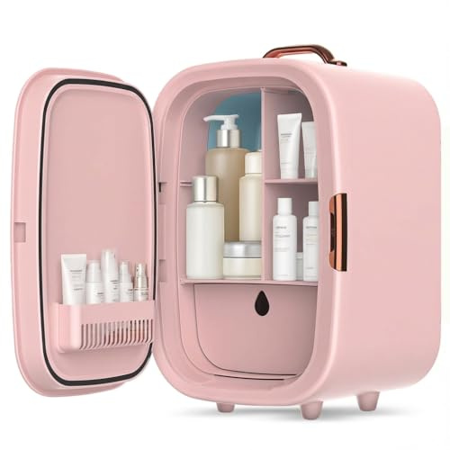 Mini Fridge 15L Cans Cooler and Warmer Portable Mini Fridge for Bedrooms with 3 LED Light Mirror, Beauty Fridges AC+12V DC Small Fridges for Skincare, Cosmetics, Car, Office, Drinks (Pink)