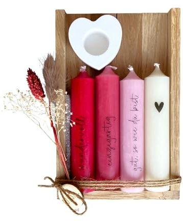 Fräulein Lotti | Kerzen Geschenkset personalisierter Text mit Holzbox, Kerzenhalter und Trockenblumen Geburtstag Wunscherfüller Gesundheit