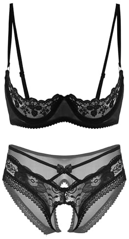 Eandarui Hebe BH Offene Brüste Set Damen Spitzen Dessous Ouvert Bralette Blumenmuster Bustier Mit Offener Schritt String Tanga Thong Party Clubwear Schwarz XL