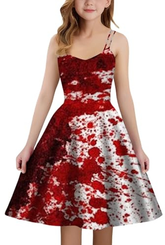 Costume d'Halloween pour enfant fille - Robe médiévale d'Halloween avec imprimé tacheté de sang - Ligne A - Sans bretelles - Costume de fête pour enfants - Élégante robe de soirée gothique - Mode de
