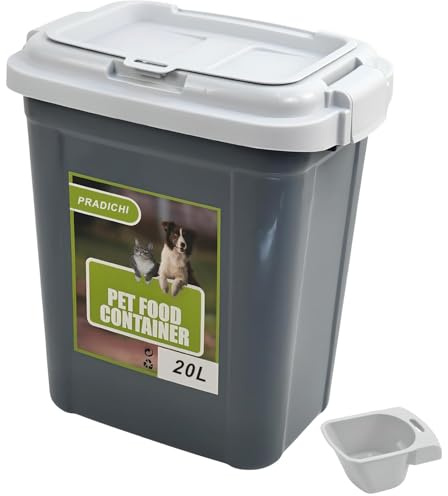 PRADICHI Pet Food Storage Container with Flip-Top Locking Lid & Integrated Scoop – Airtight Plastic Bin for Dog, Cat, Bird & Animal Dry Food – 15kg Capacity – 20L / 30L / 40L (Grey, 20 L)