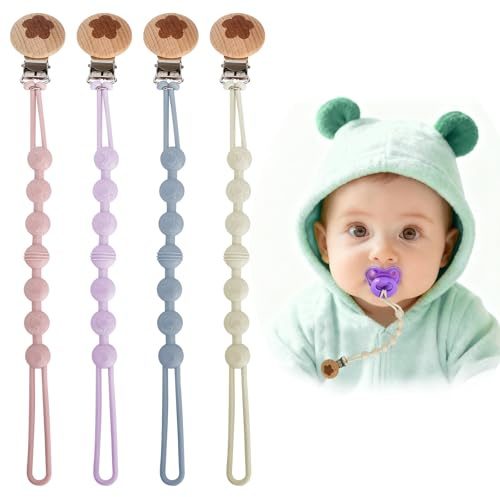 4 stycken nappkedjor, silikon, nappkedjor, klämma, nappkedja för flickor och pojke, bärbarhet nappband lämplig för haklappar, barnvagnar (rosa, gråblå, lila, beige)