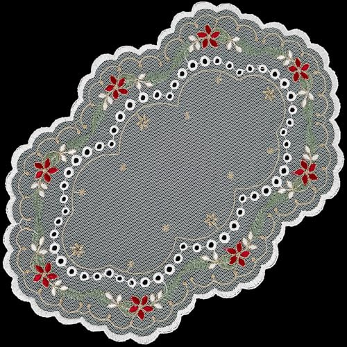 Tischdecke Weihnachten Deckchen Tüll Weiß Weihnachtsdeckchen Stickerei Rot Grün Gold Waschbar Made in Germany (20 x 30 cm Oval)