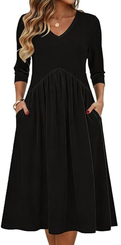 Zeagoo Semi-Formal Black Dress Elbow Length Women's Dress Casual Flowy | Empire Waist, Flowy A-line Midi, Side Pockets, Fall Dresses, Wedding Guest Dress, Beach Sundress, Great for Casual, Work