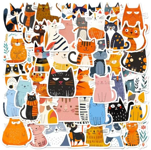 50 adesivi per gatti e piante,graziosi adesivi impermeabili per gatti neri, cartoni animati Kawaii, laptop, in vinile, per skateboard, bicicletta, ciclomotori, moto, scrapbooking(colore)