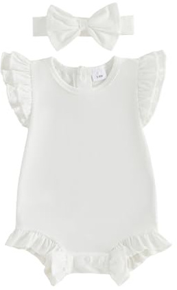 Newborn Baby Girl Summer Outfits Solid Color Ruffled Bodysuit Flying Sleeve Round Neck Flutter Solid Color Ruffles Romper Jumpsuit And Bow Headband 2 Piece Summer Babyset